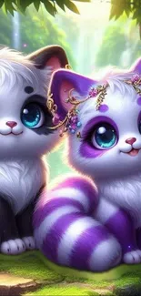 Two cute fantasy kittens with large eyes in a vibrant forest setting.