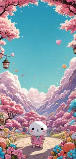 Cute cartoon cat in fantasy cherry blossom landscape with blue sky.