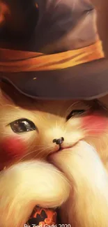 Cute fantasy cat with wizard hat mobile wallpaper.