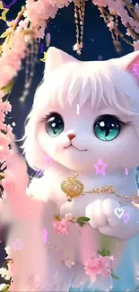 Cute fantasy cat with cherry blossoms on mobile wallpaper.