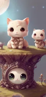 Cute cats on a floating island under the moonlight in fantasy artwork.