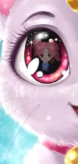 Cute cat with anime reflection in eye on wallpaper.