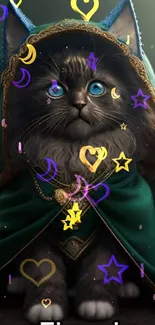 Fantasy cat with blue eyes in green cloak wallpaper.