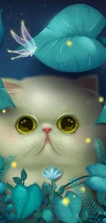 Cute fluffy cat surrounded by glowing teal leaves and stars in fantasy art.