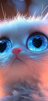 Fantasy cat with large blue sparkling eyes and fluffy white fur.