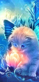 A cute kitten with butterfly wings in a glowing, mystical blue forest scene.