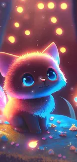 Cute fantasy cat with glowing lights and vibrant colors in a magical setting.