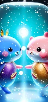 Two cute fantasy characters in a colorful, snow-kissed scene.