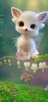 Cute fluffy creature in magical garden setting wallpaper.