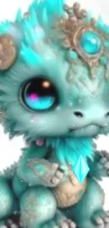 Cute fantasy creature with turquoise hues and magical accents on wallpaper.