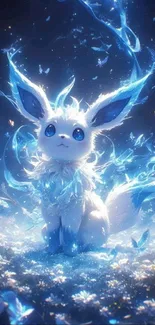 Cute fantasy creature with glowing blue butterflies in a mystical forest.