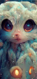 Whimsical fantasy creature with teal fur and large eyes.