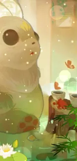 Adorable fantasy creature with tea cups and bamboo in a serene setting.