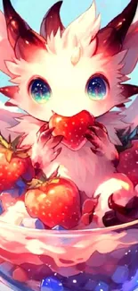 Cute fantasy creature with strawberries in a glass bowl.