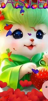 Cute fantasy creature holding a strawberry in vibrant colors.