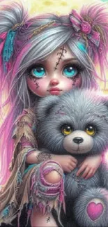 Cute doll with teddy bear in vibrant fantasy art.