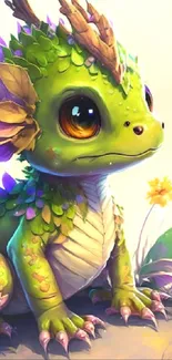 Cute fantasy dragon with vibrant colors and floral elements.