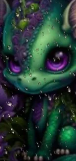 Cute teal dragon with purple eyes and raindrops on mobile wallpaper.