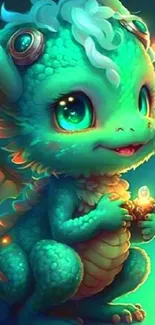 A cute and glowing teal dragon with big eyes and wings in a fantasy setting.