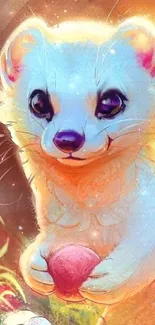 Cute cartoon ferret holding a red berry in an enchanted forest setting.