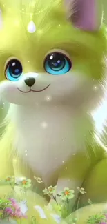 Adorable yellow fantasy fox with big blue eyes on green background.