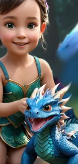 A cute girl with a small, friendly dragon in a fantasy setting.