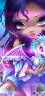 Adorable fantasy girl with baby dragon illustration in purple tones.