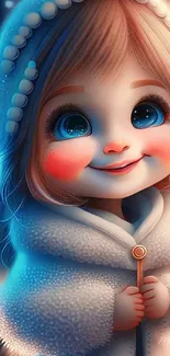 Adorable fantasy girl with blue eyes and a fluffy outfit in vibrant colors.