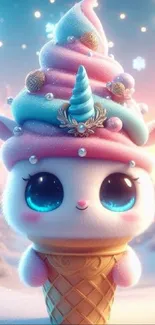 Cute fantasy creature with unicorn ice cream cone on pastel background.