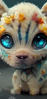 Cute fantasy kitten with big blue eyes and floral accents on a mobile wallpaper.