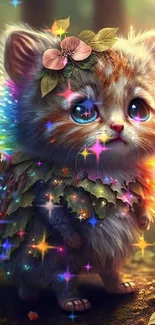 Adorable fantasy kitten with colorful lights and a whimsical forest theme.