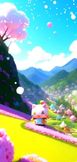 Cute fantasy landscape with vibrant colors and an adorable character.