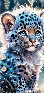 Fantasy leopard cub in a colorful forest setting, perfect for mobile wallpaper.