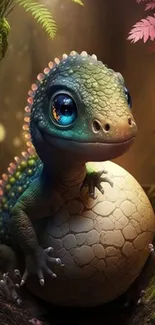 Cute fantasy lizard holding an egg with vibrant leaves background.