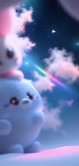 Cute creatures in a dreamy night sky with pastel rainbow.