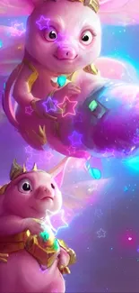 Enchanting pink pigs fly in a fantasy world.