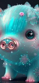 Whimsical fantasy pig with glittering crystals on teal background.