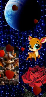 Fantasy wallpaper with planet, cute animals, and hearts.