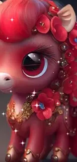 Adorable red fantasy pony with flowers.