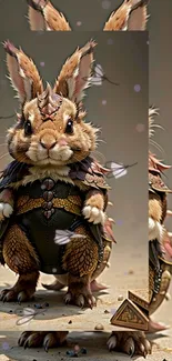 Charming fantasy rabbit warrior in armor with light brown hue.