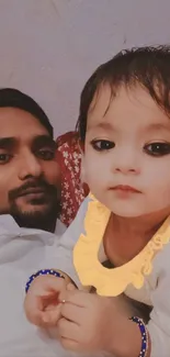 Father and child with warm, cute expressions in light brown hues.