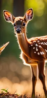 A cute fawn with butterfly in forest setting.