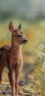 Young fawn standing in a lush green forest clearing.