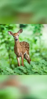 A young fawn standing in a verdant forest.