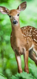 Cute fawn standing in a green forest setting