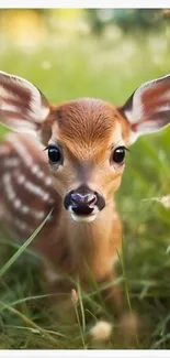 Adorable young fawn in a lush green meadow.