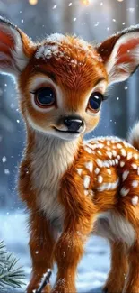 Adorable animated fawn in snowy forest scene, perfect for mobile wallpaper.