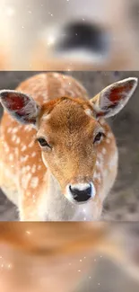 Adorable fawn close-up mobile wallpaper with brown fur and white spots.