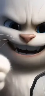 Animated white cat with blue eyes and a playful expression.