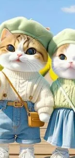 Cartoon cats in vintage attire taking a selfie outdoors.